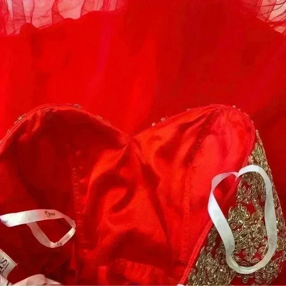 Damas By Tiffany Designs Beaded Dress GownSz Small Tulle Little Red Lace Corset - Picture 12 of 14
